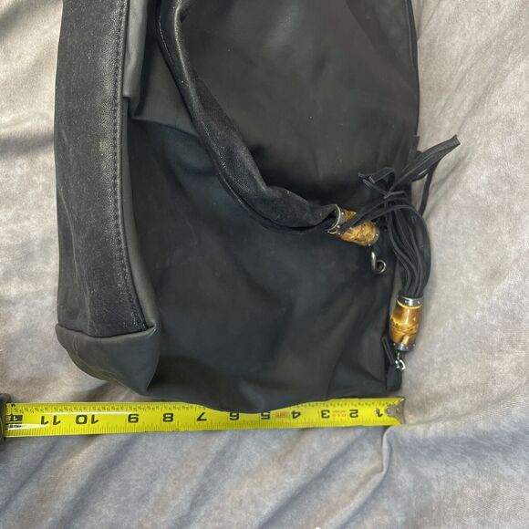 Coldwater Creek Black Polyurethane Hobo Shoulder Bag Purse Bamboo Trim Handles - Picture 8 of 9